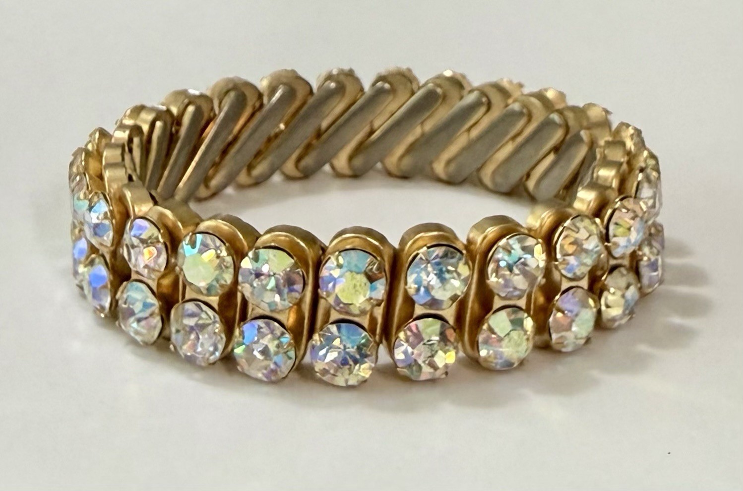 Vintage 1950s Glam 2 Row Prong Set 7mm AB Crystal Gold Tone Expansion Bracelet