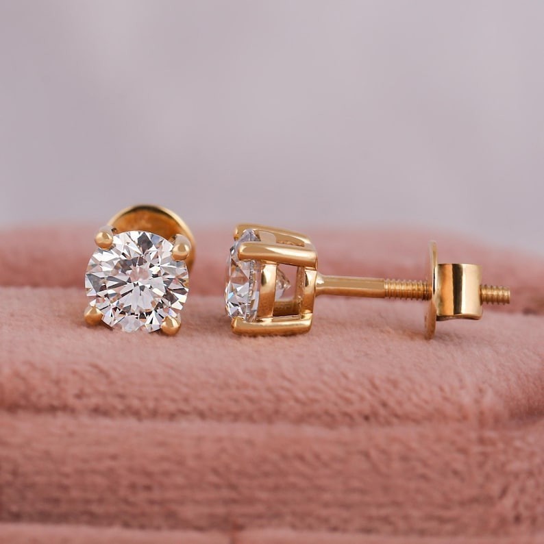 Certified Natural Diamond Stud Earrings 14K Gold Solitaire 1.50TCW Round Cut