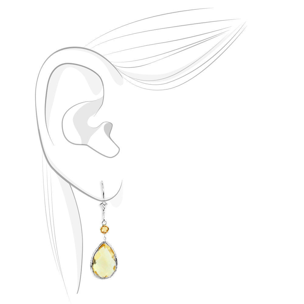 14K White Gold Earrings with Dangling Pear Shape and Round Citrine Gemstones