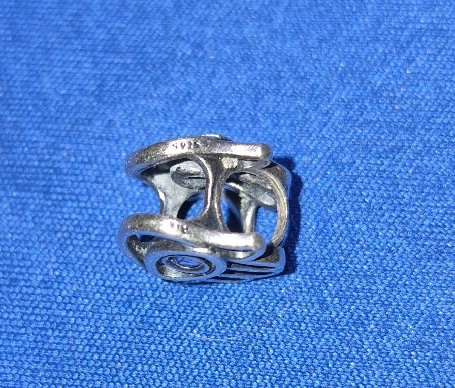 Ale, Silver Tone Openwork Hand/Hamsa Bead Charm, Blue Stone Accent Large Hole