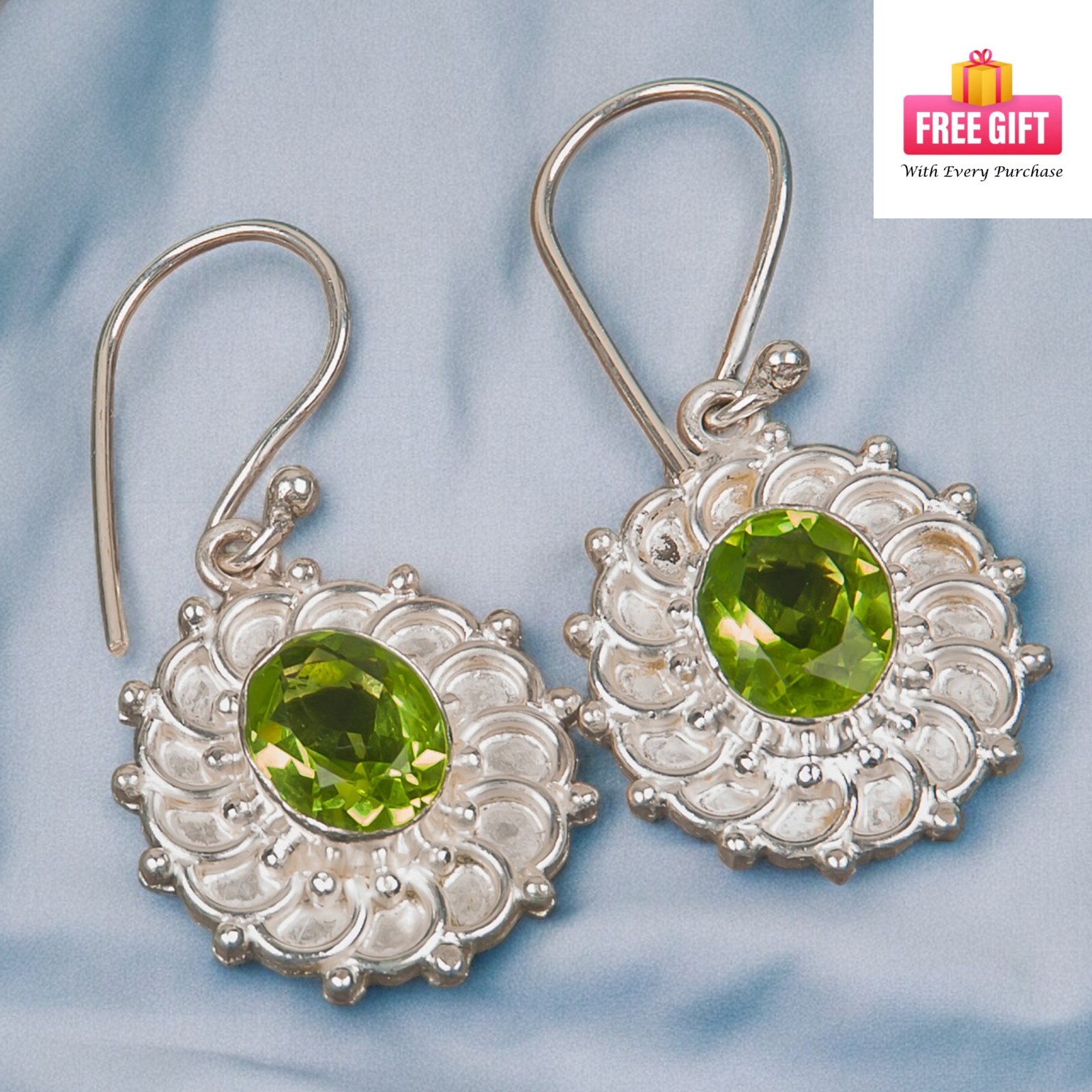 Natural Peridot August Birthstone 925 Sterling Silver Jewelry Dangle Earrings BH