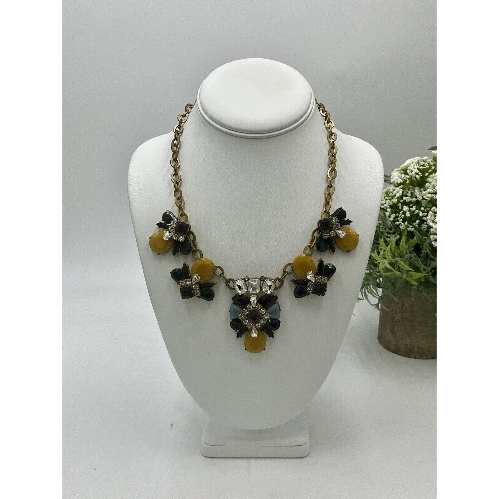 J. Crew Mustard Yellow Blue Eggplant Antique Gold Rhinestone Statement Necklace