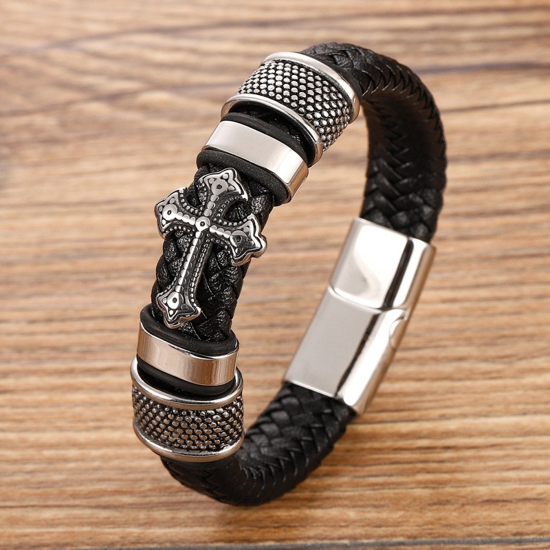 Men’s Cross Leather Bracelet Stainless Steel Braided Multi-Layer Cuff Wristband