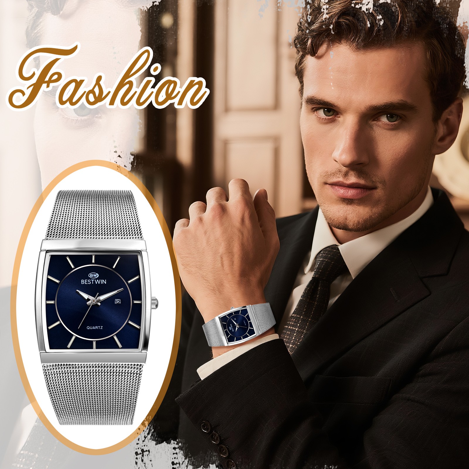 Mens Square Waterproof Luminous Date Quartz Wristwatch Stainless Steel Mesh Band