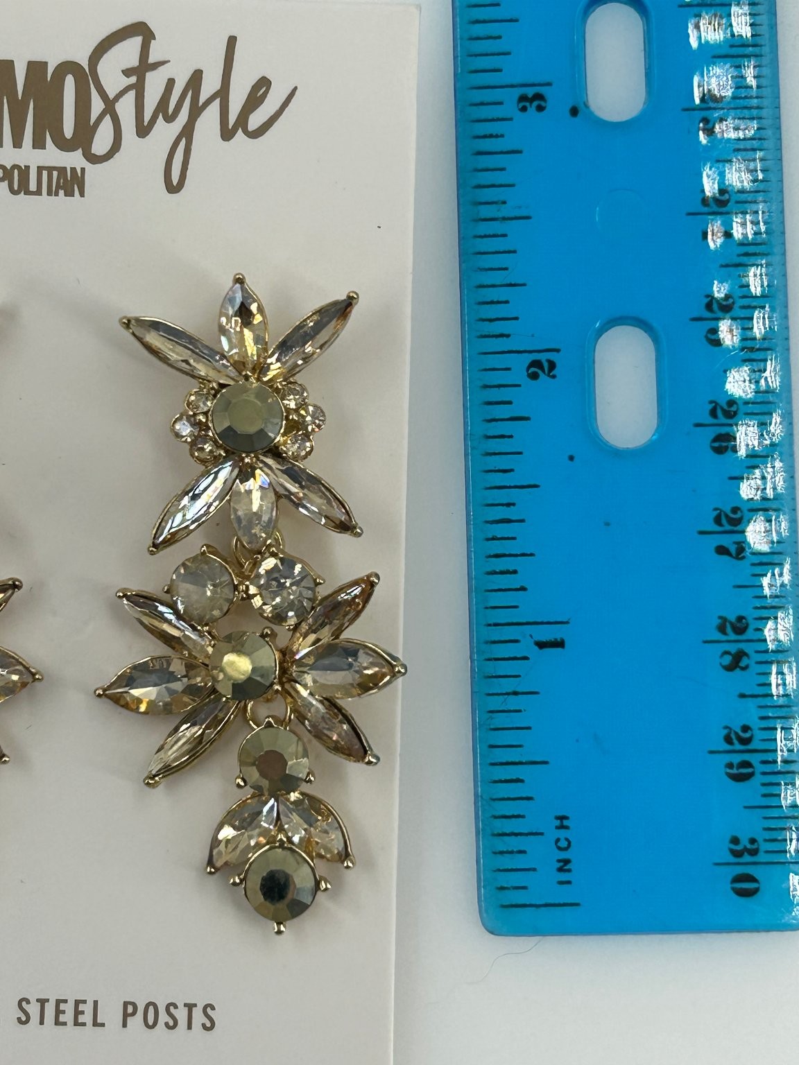 CosmoStyle Floral Drop Earrings 2.25in Gold Tone Clear Crystals