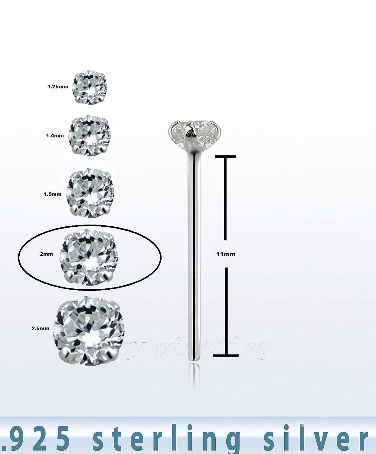 5pcs. 22g 2mm CZ Prong Set .925 Sterling Silver Straight Nose Ring Stud