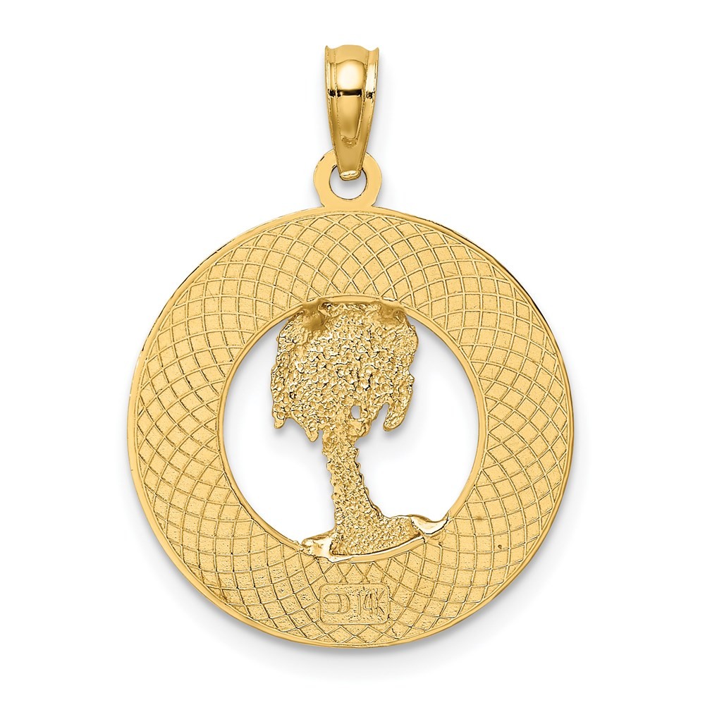 14K Yellow Gold FLORIDA Palm Tree Circle Charm Pendant 1.9gm L-24.7mm W-19.1mm
