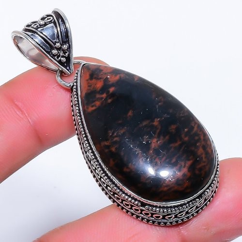 Natural Mahogany Obsidian Gemstone 925 Silver Plated Jewelry Pendant 2.2″ S780