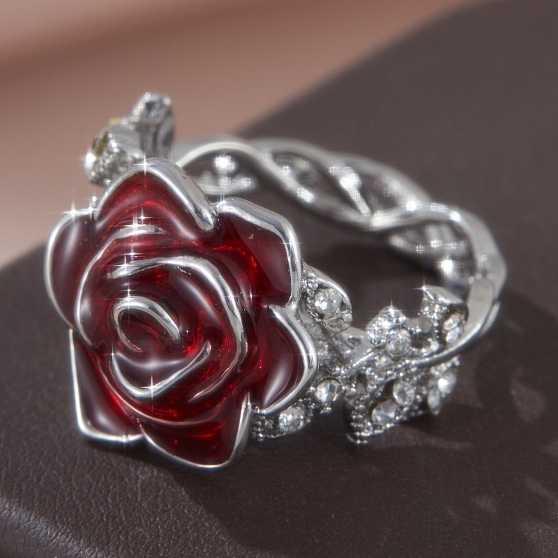 Red Rose Flower Ring Zircon Crystal Floral Statement Jewelry Gift for Women