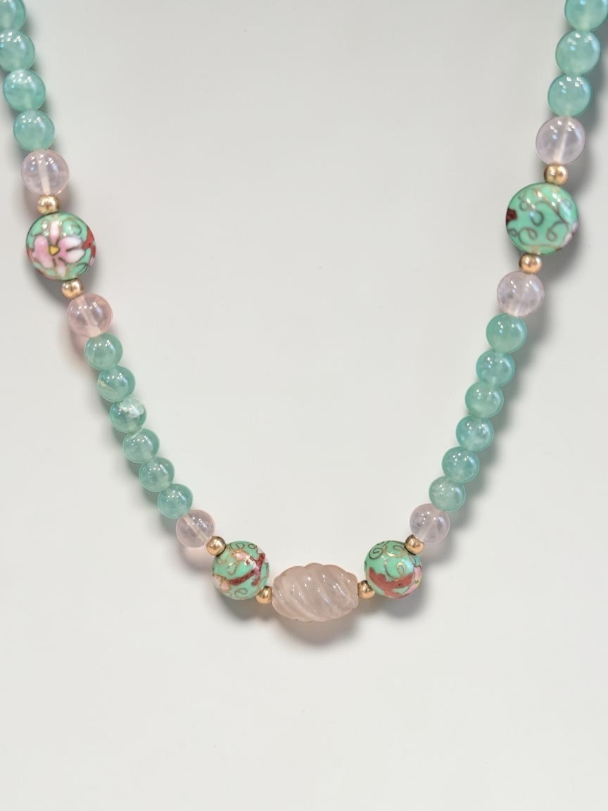 Vintage Rose Quartz & Green Chalcedony Necklace | Cloisonné Enamel Beads