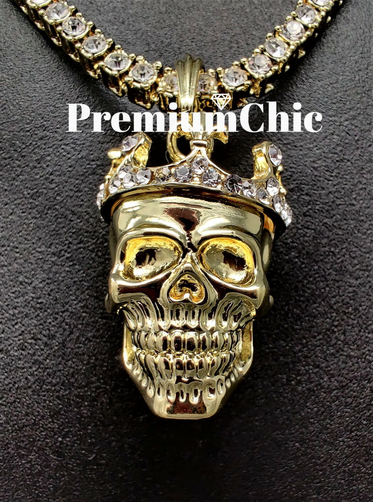 Skull King Pendant Necklace Rope or Tennis Chain Plated CZ Halloween Jewelry