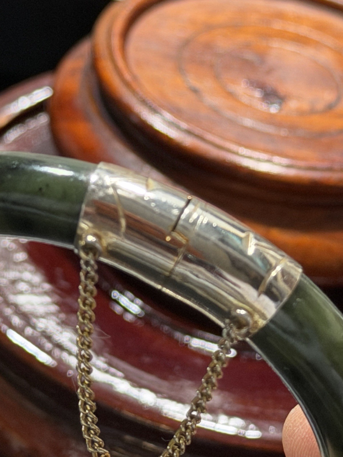 Vintage Jade And Sterling Silver Hinged Bangle Bracelet With Safety Chain