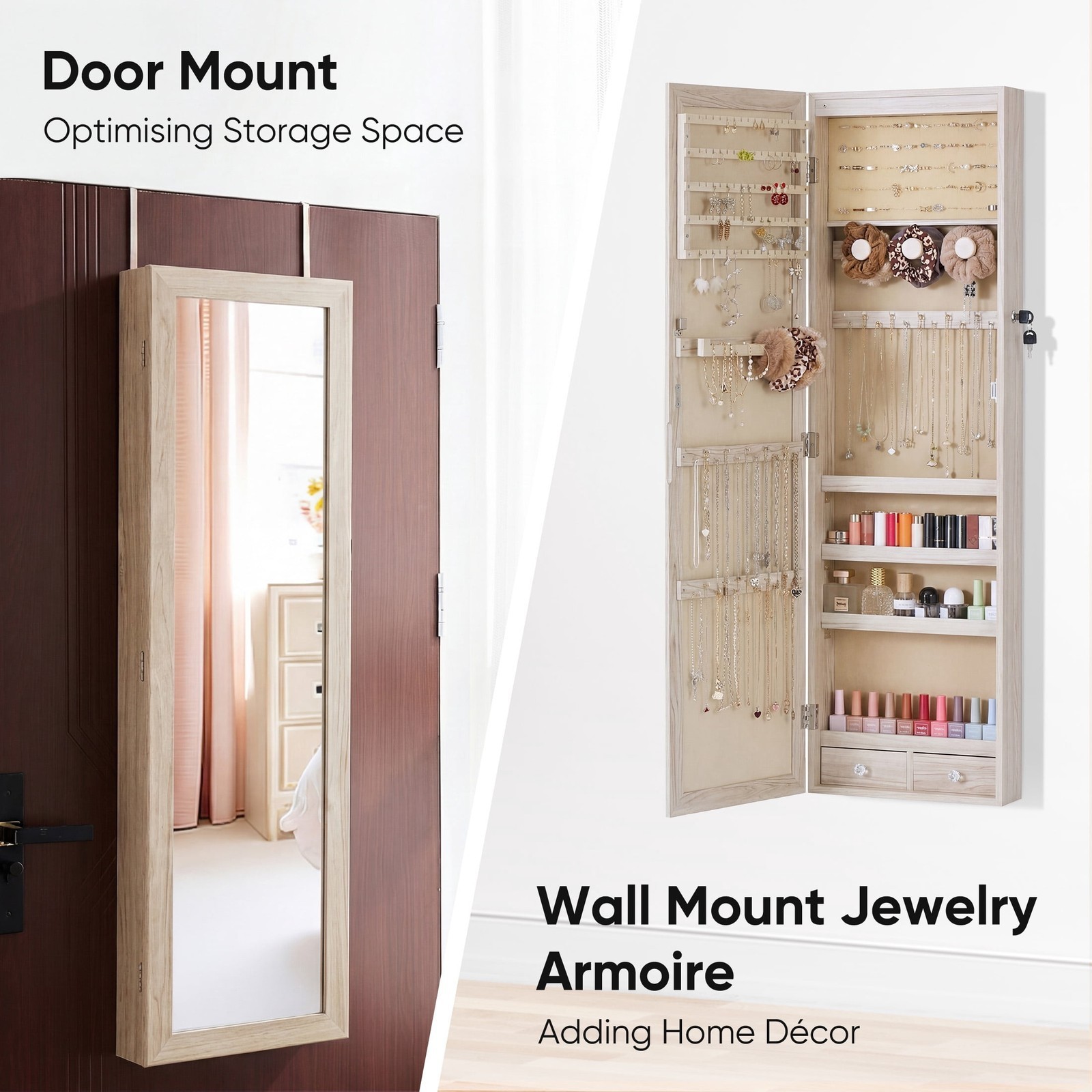 Lockable Jewelry Cabinet Organizer w/Full Length Mirror,Wall Mount Hanging Door
