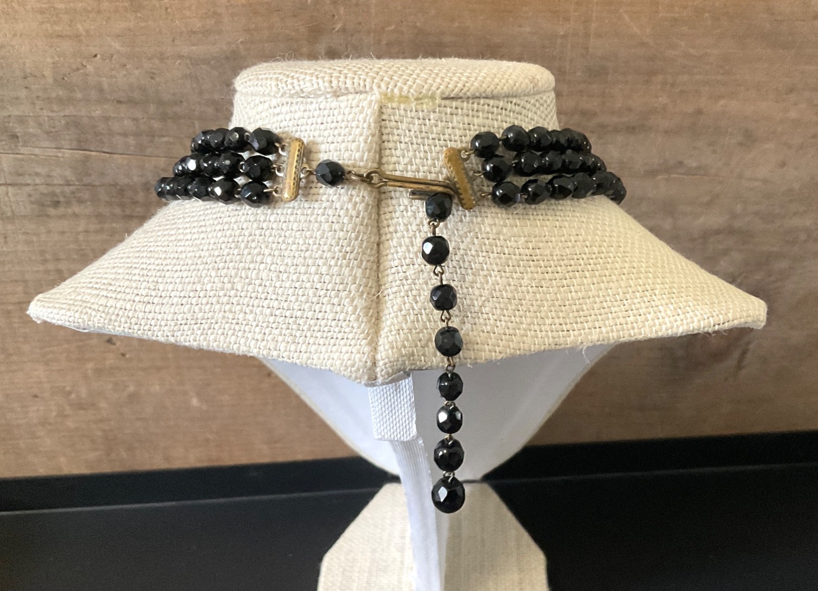 Vintage Black Glass Beaded Necklace Art Deco Adjustable Choker Antique Jewelry