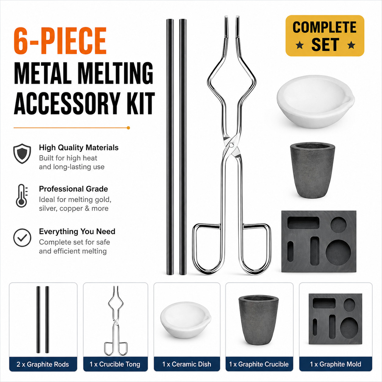 6Pack Metal Melting Casting Kit Graphite Ingot Mold Gold Silver Copper Refining