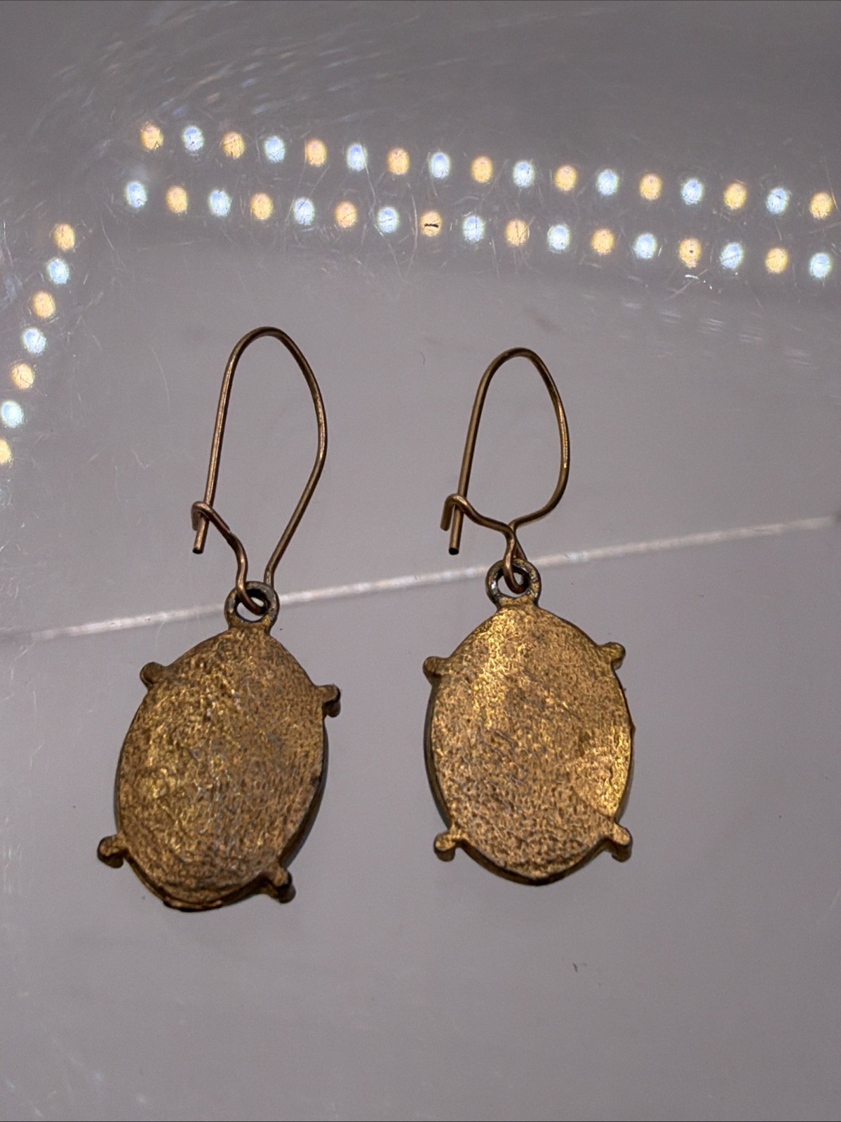 Light BLUE CAMEO EARRINGS Vintage Grecian Roman Woman Oval Hanging Wire Goldtone