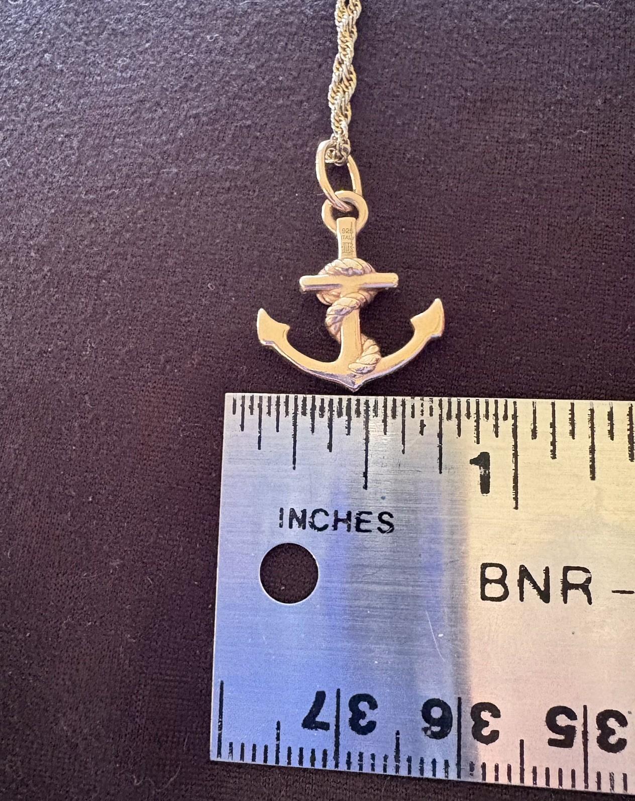 925 Italy Goldtone Over Sterling Silver Anchor Pendant & Rope Chain 22”