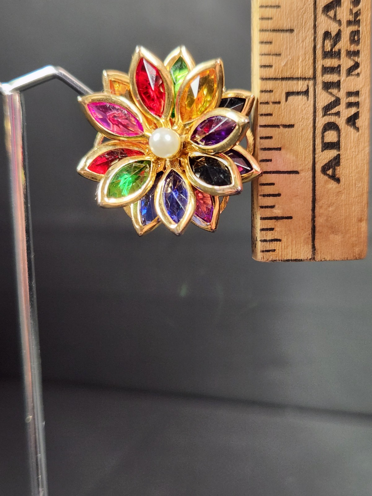 Vintage reverse set navette multicolor rhinestone flower clip on earrings