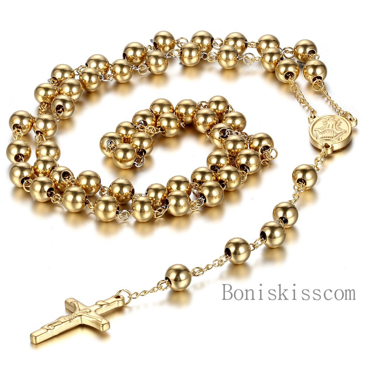 Stainless Steel Jesus Christ Crucifix Cross Rosary Bead Chain Pendant Necklace