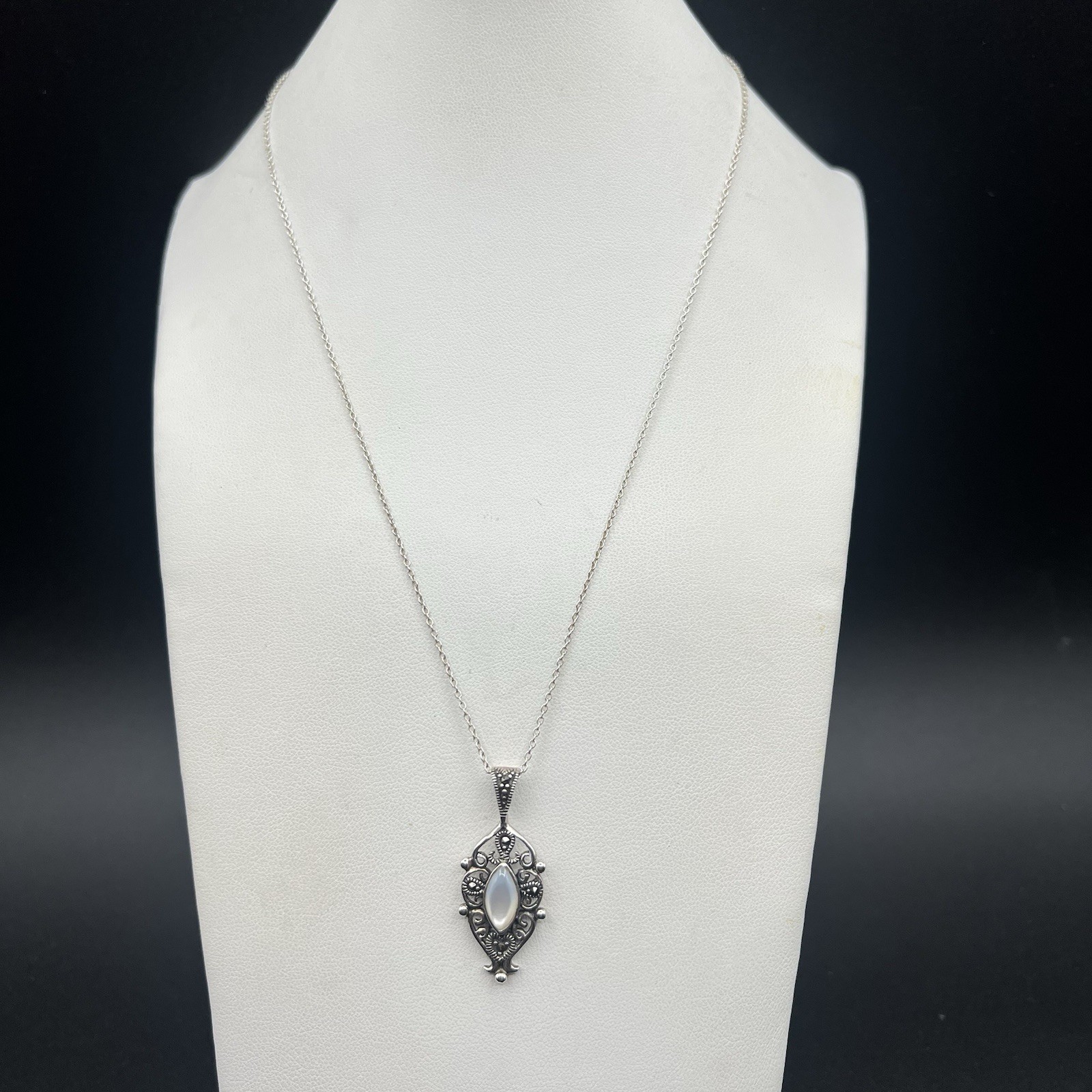Mother of Pearl & Marcasite Filigree Pendant Necklace 925 Sterling Silver Chain