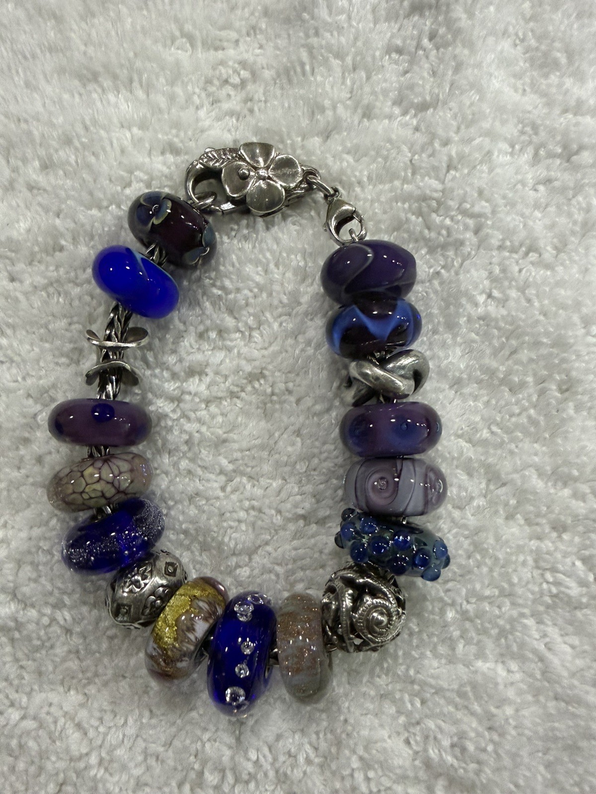 Trollbeads SS 7.5 inch Charm Bracelet with 17 Retired Charms in Blues & Purples