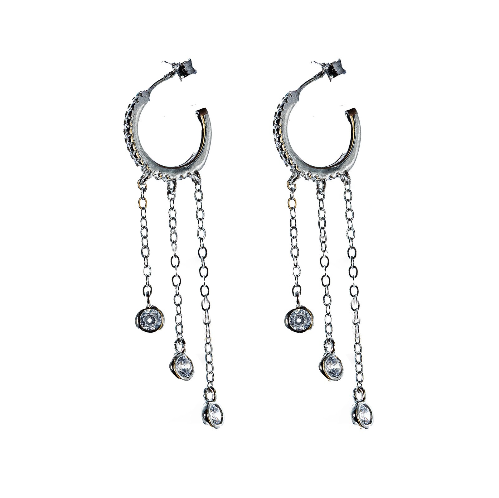 Earring 925 Sterling Silver Tassel Three Long Chains Zircon Drop Silver Round