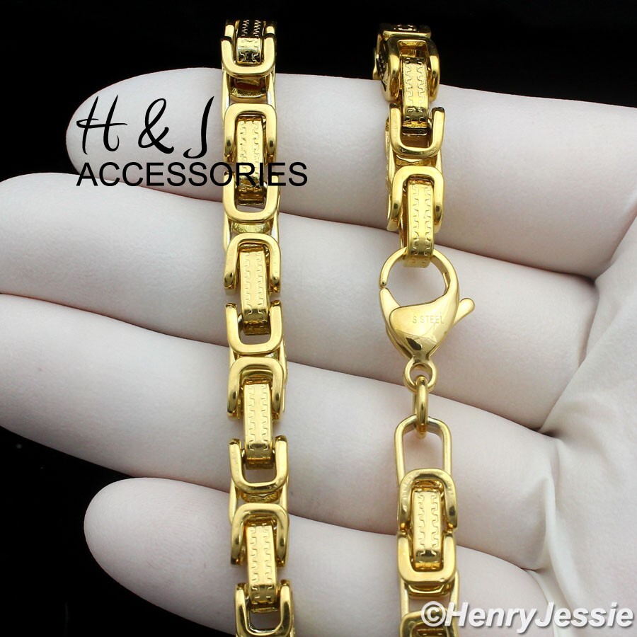 16″-40″MEN Stainless Steel 6.5mm Gold Plated Byzantine Box Link Chain Necklace*T