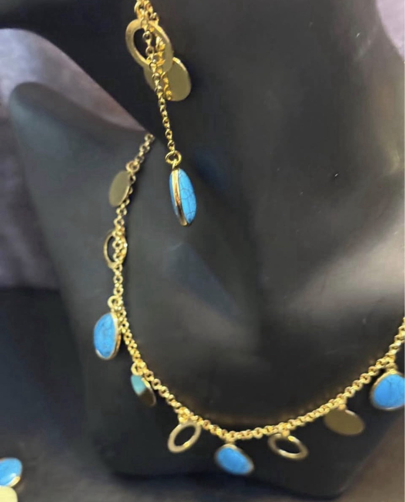None tarnish Blue Turquoise Teardrop Necklace Bracelet & Dangle Earrings Set