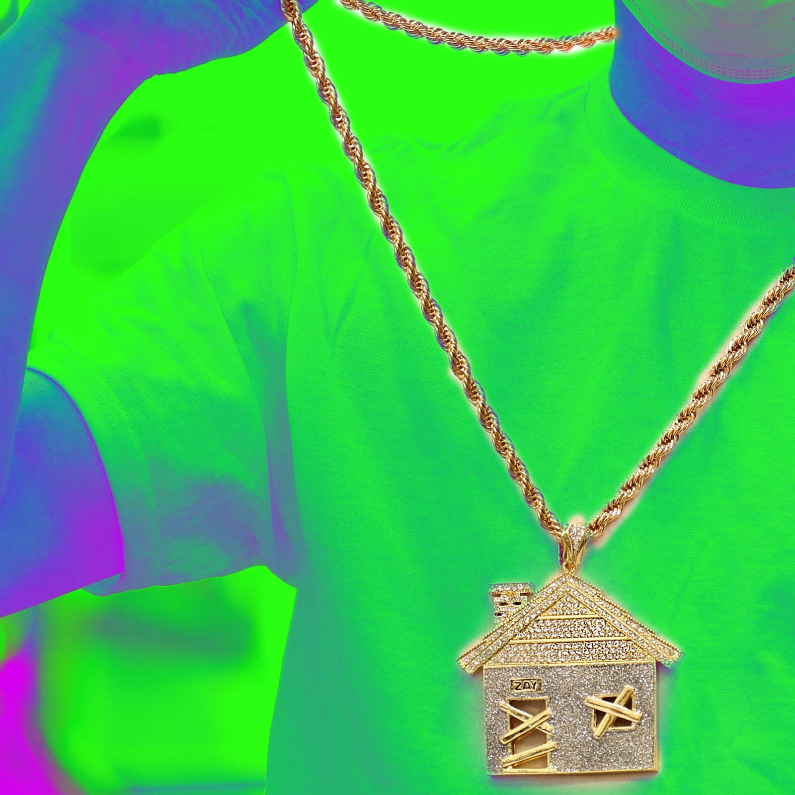 Cubic-Zirconia House Trap Pendant stardust 36″ Rope Chain Jumbo Gold Plated