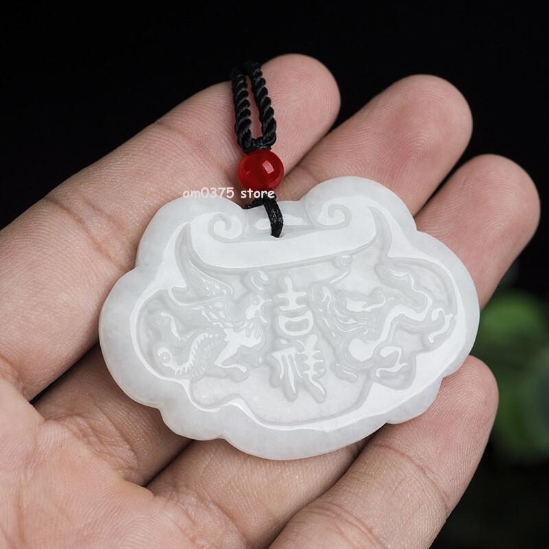 Natural Grade A Jadeite White Jade Dragon Phoenix Longevity Lock Pendant