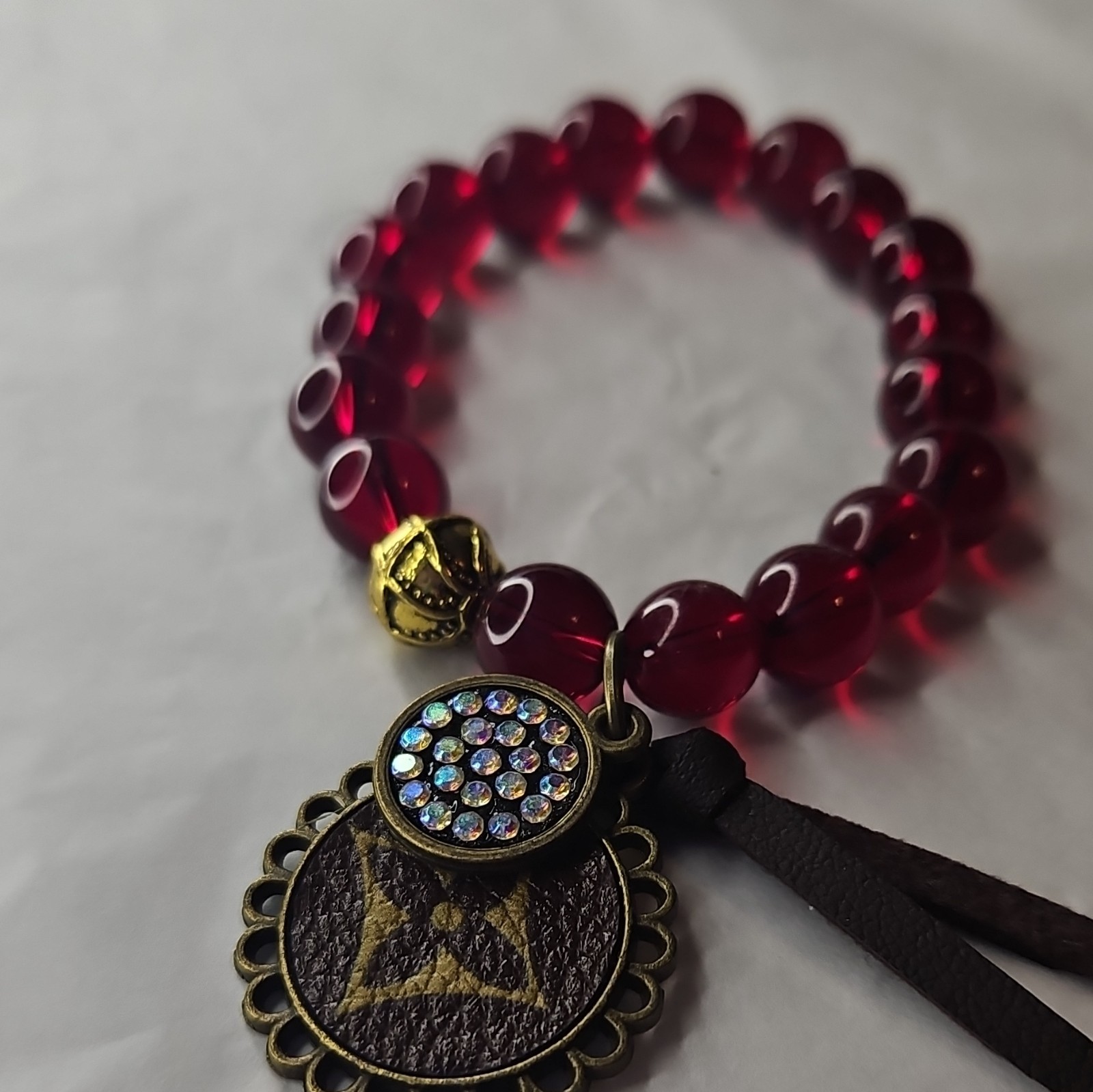 Red/Gold/Black Beaded Stretch Bracelet w/ Dangle Charm Crystal Disc Tassel