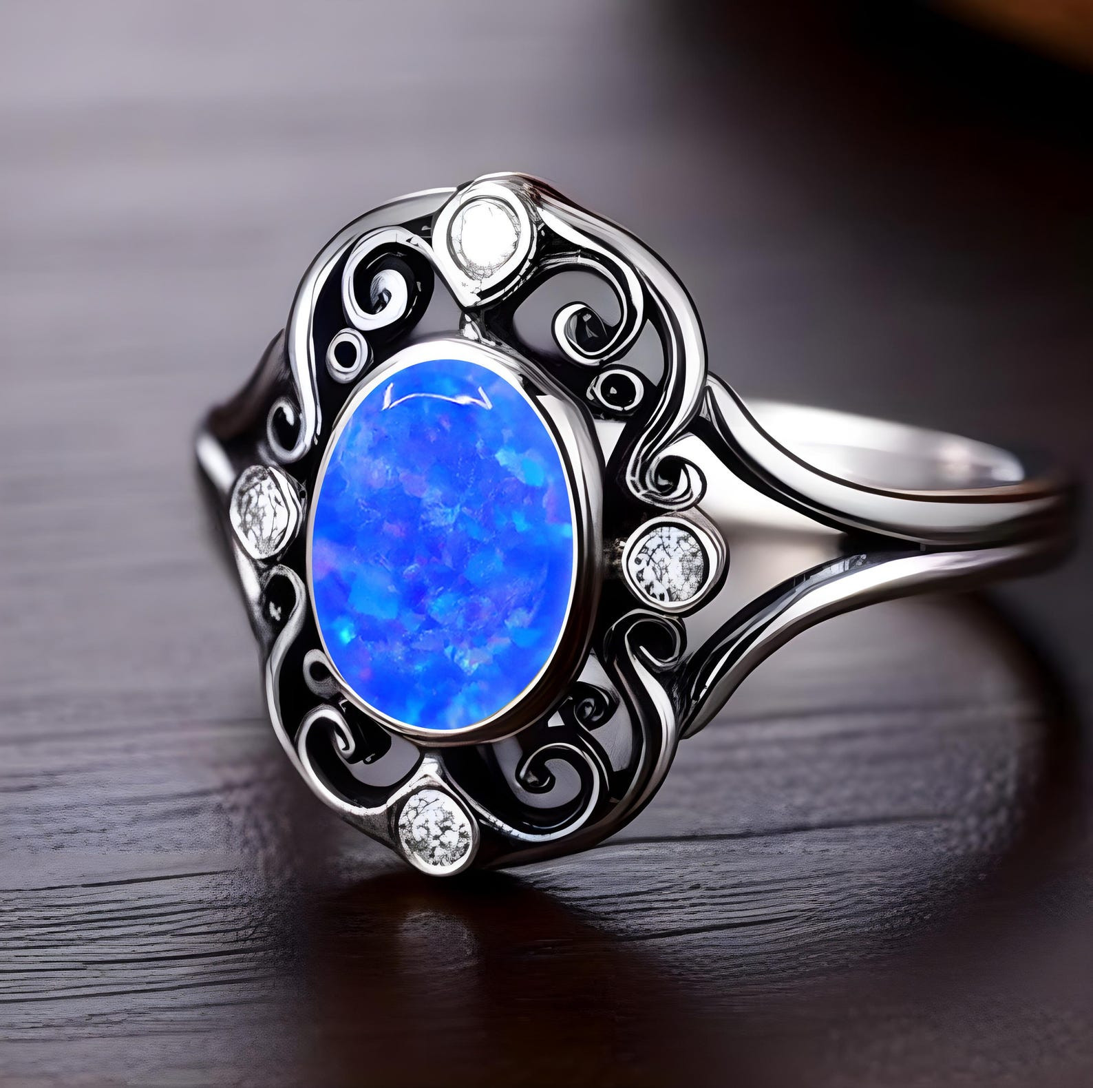Blue Fire Opal Ring 925 Sterling Silver Black Ring Bridal Gift Ring Wedding Ring