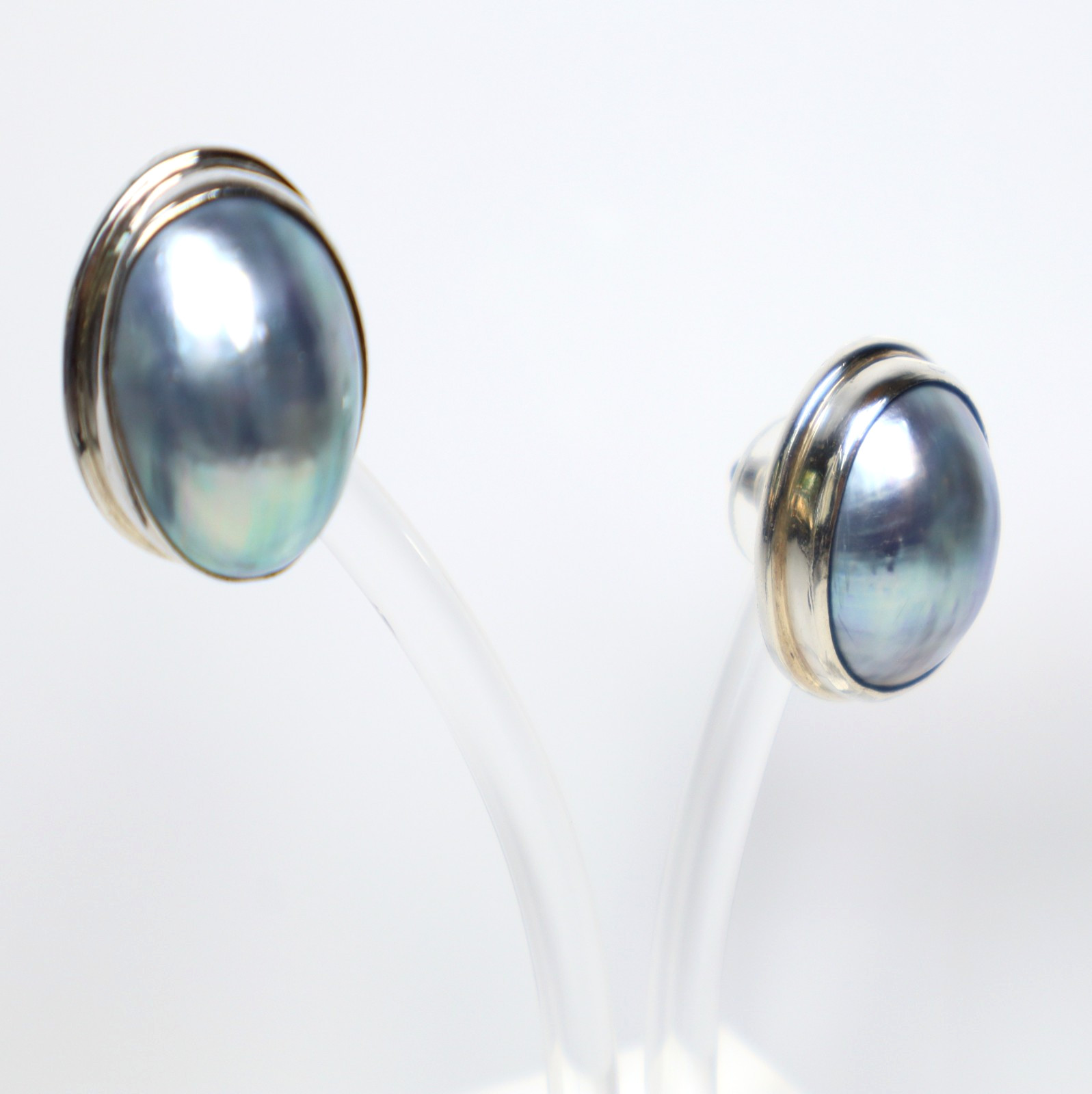 Vintage Blue Mabe Pearl 925 Sterling Silver Stud Post Earrings Large Oval Shape