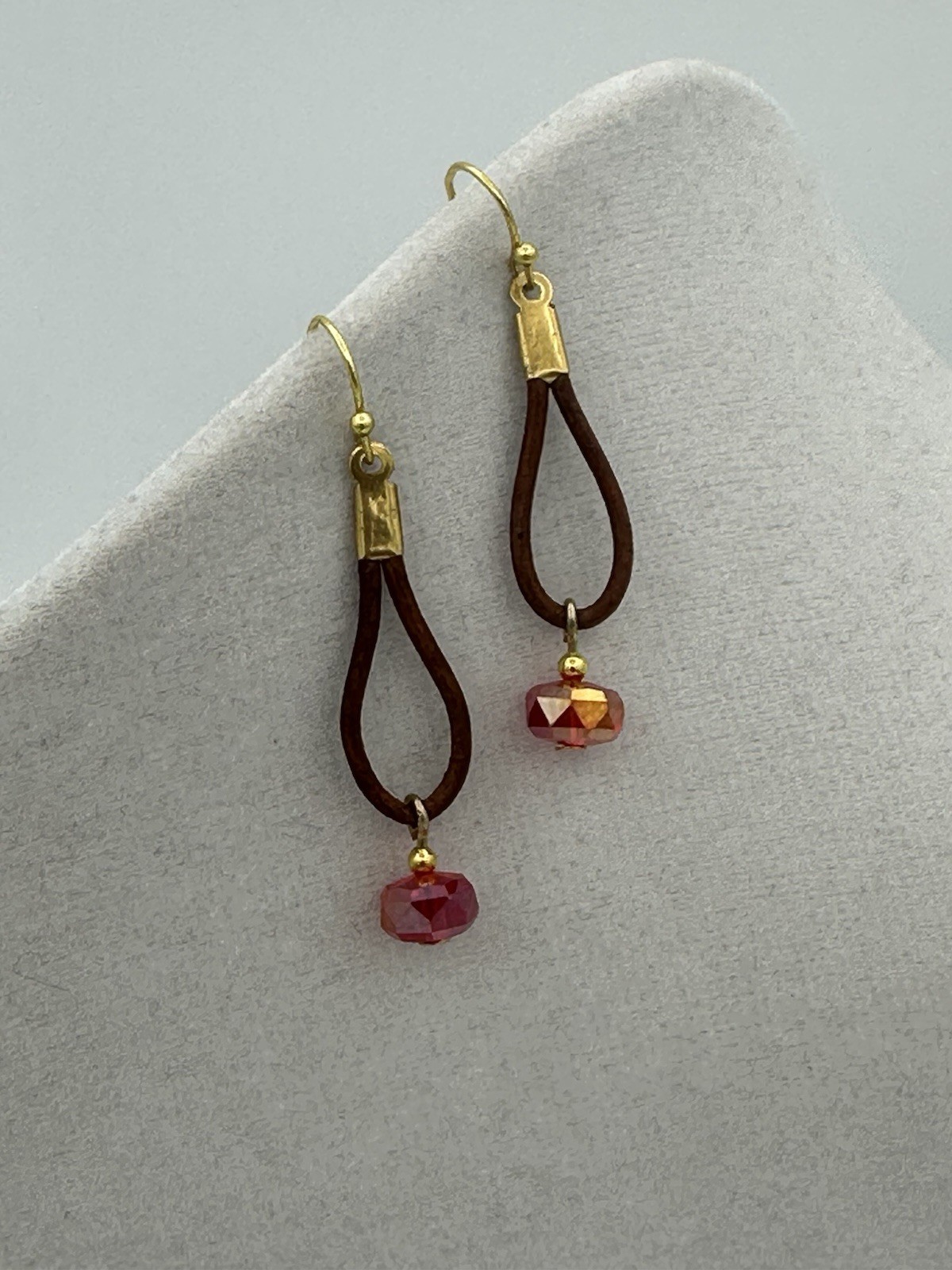 14k Yellow Gold Plated, Leather and Red Faceted Rondelle Glass Dangle Earrings