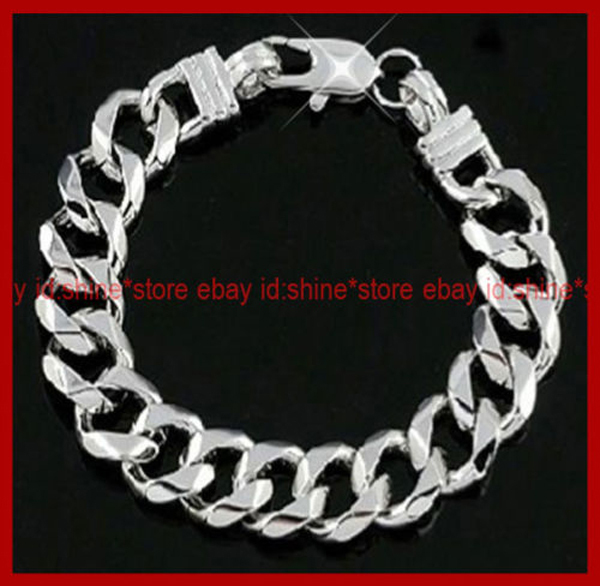 18K GOLD FILLED SILVER DIAMOND CUT WIDE RING CURB 23cm SOLID MENS WOMEN BRACELET