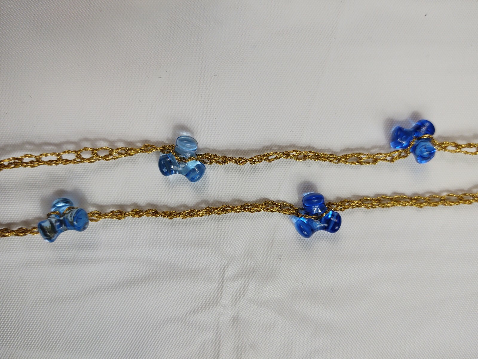 Vintage Blue Plastic Beaded Necklace Long Gold Tone Chain Costume Jewelry