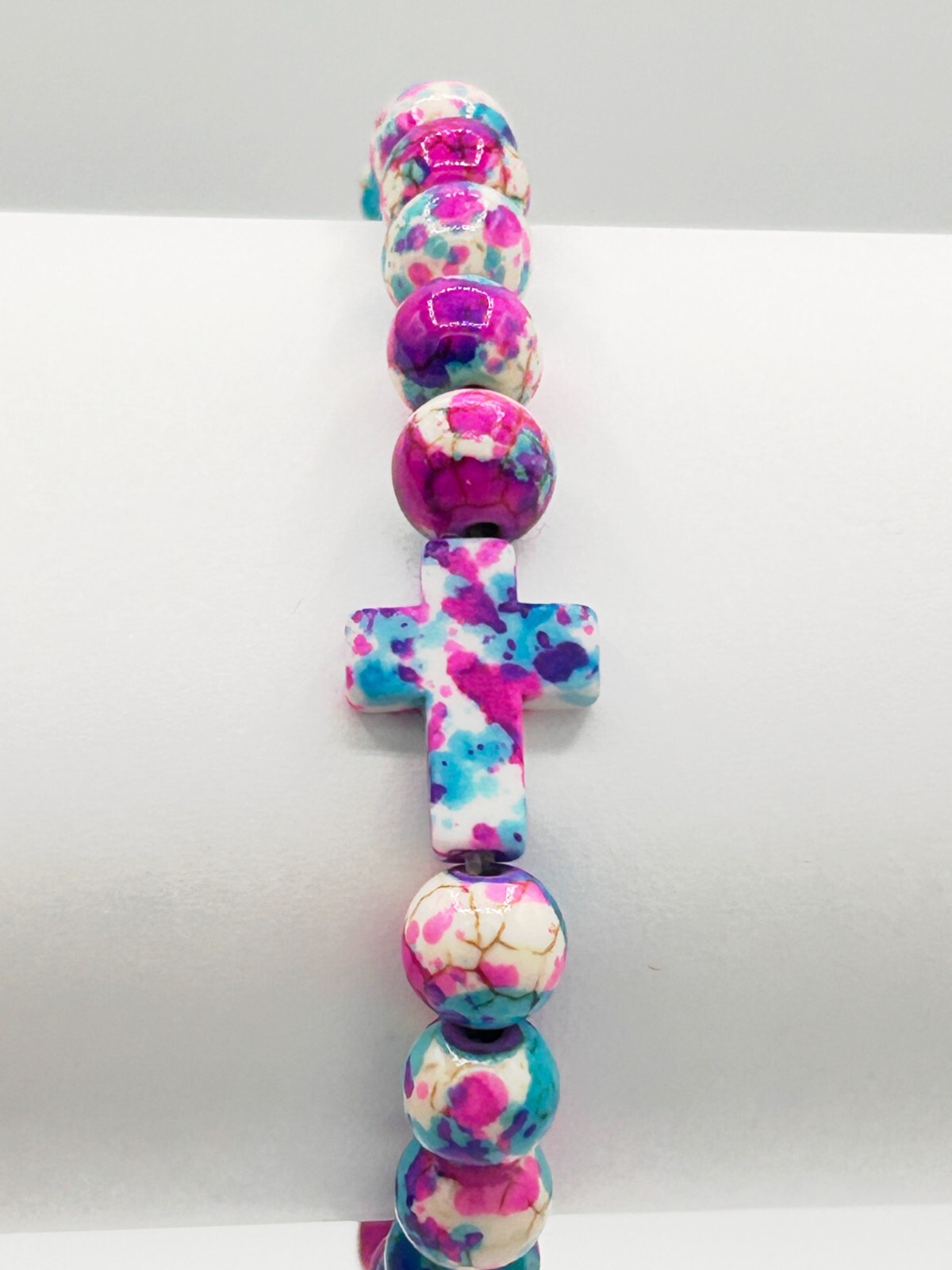 Synthetic Dyed Turquoise Beaded Stretch Bracelet with Cross, 6 mm Beads