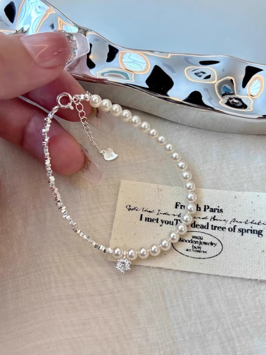 Copper irregular broken silver cubic zirconia round pearl women’s bracelet gift