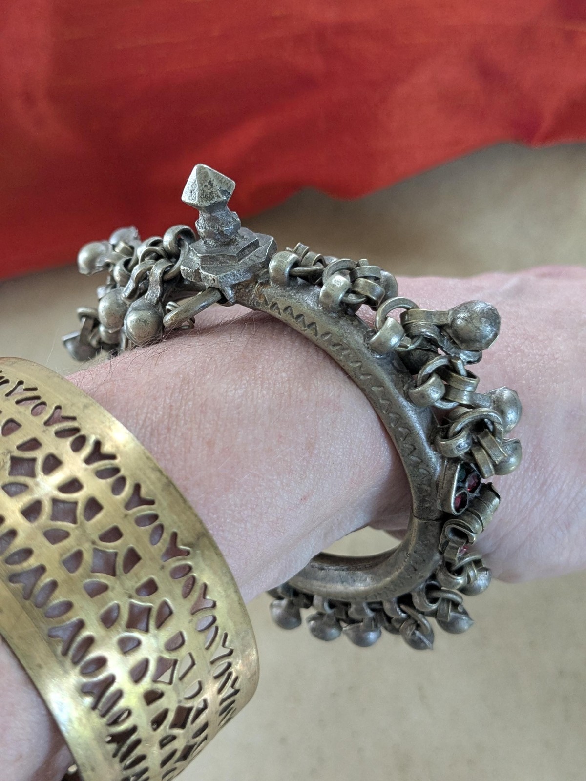 Kuchi Bangle Jingling Baubles & Bud Accent Vintage Tribal Jewelry 6″ (21496)