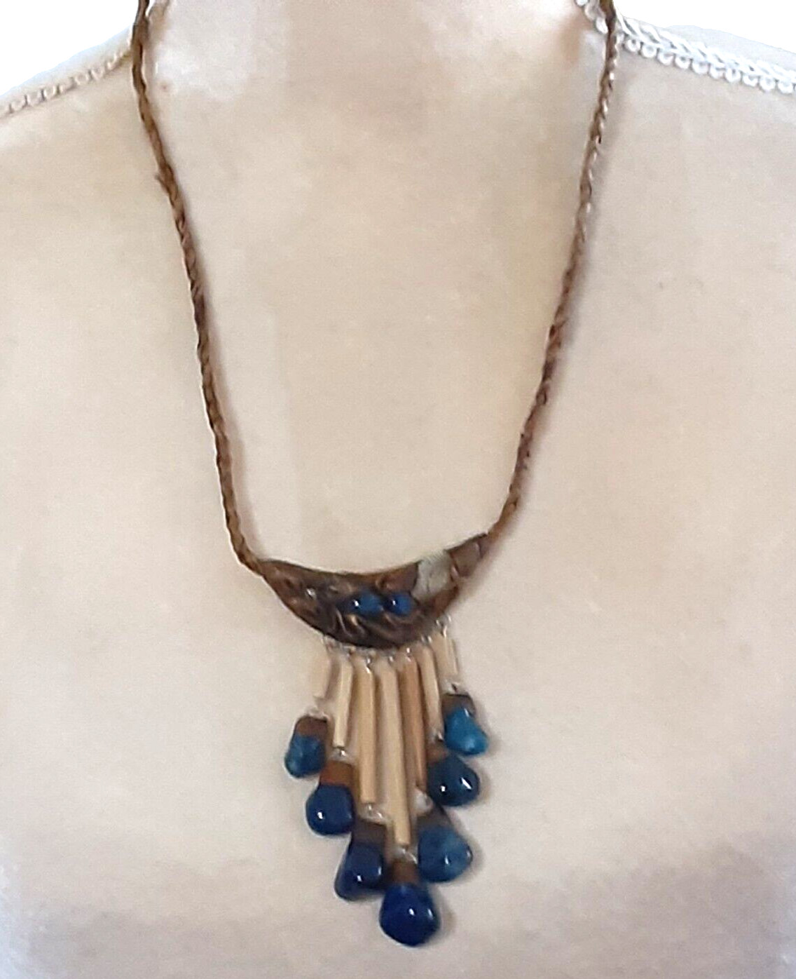 Artisan crafted ethnic wearable art necklace leather wood bone shells stones 20″