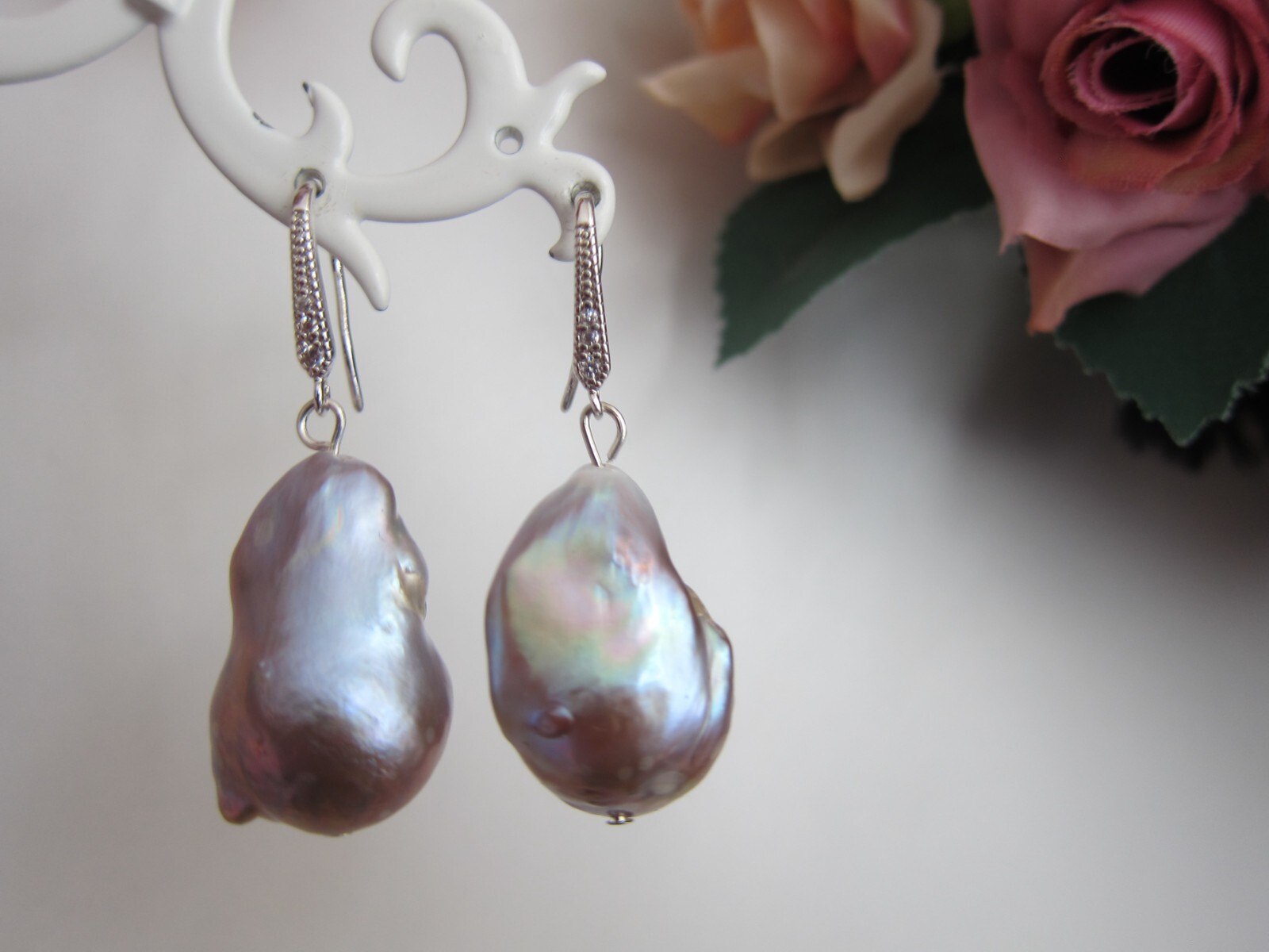 Huge Purple South Sea Keshi Reborn Pearl Drop Earrings on Silver Hoop 25 29mm.