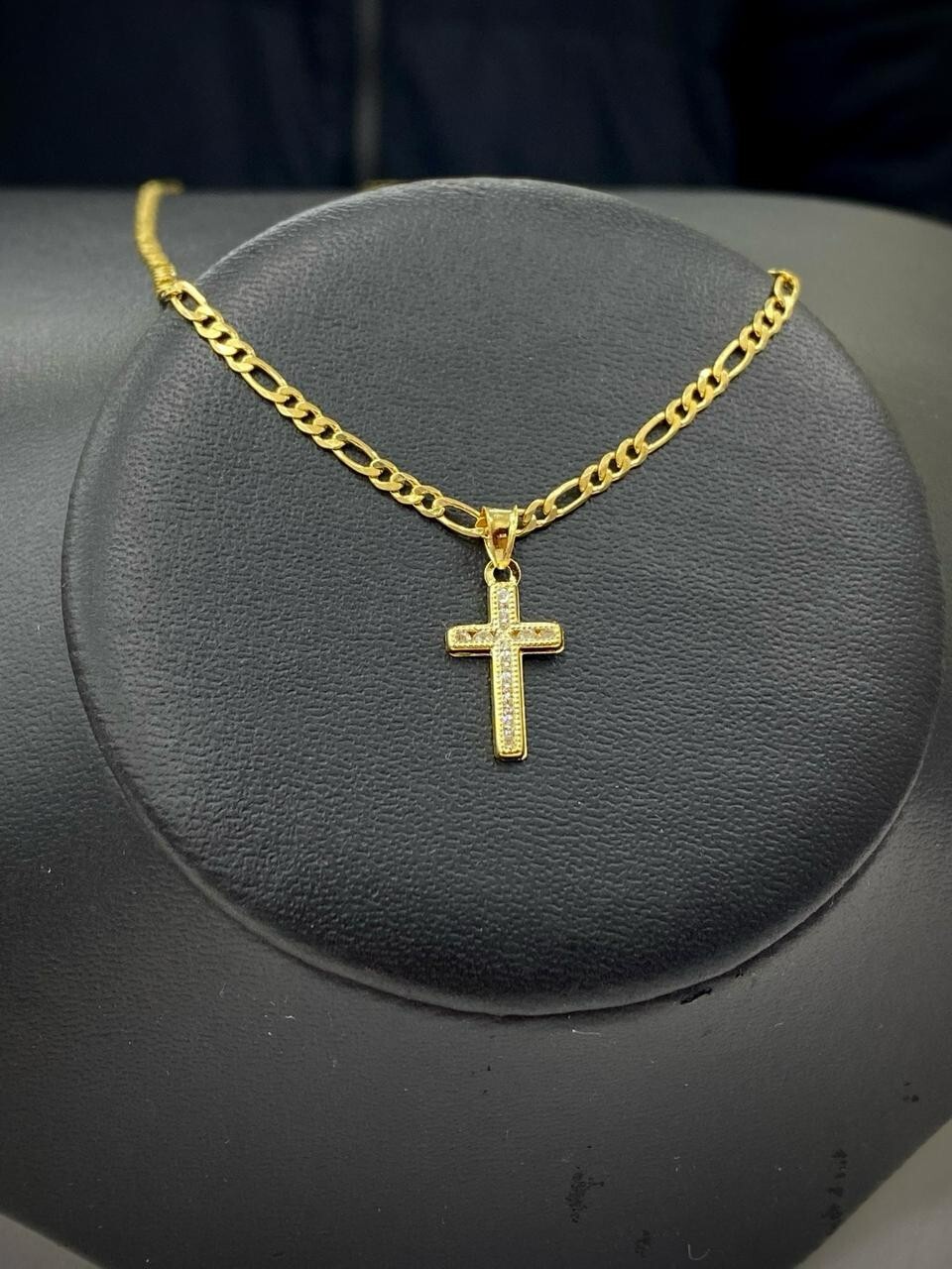 Men Women Cross CZ Pendant 14k Gold Filled Figaro Chain Necklace Baby Kids 17×10