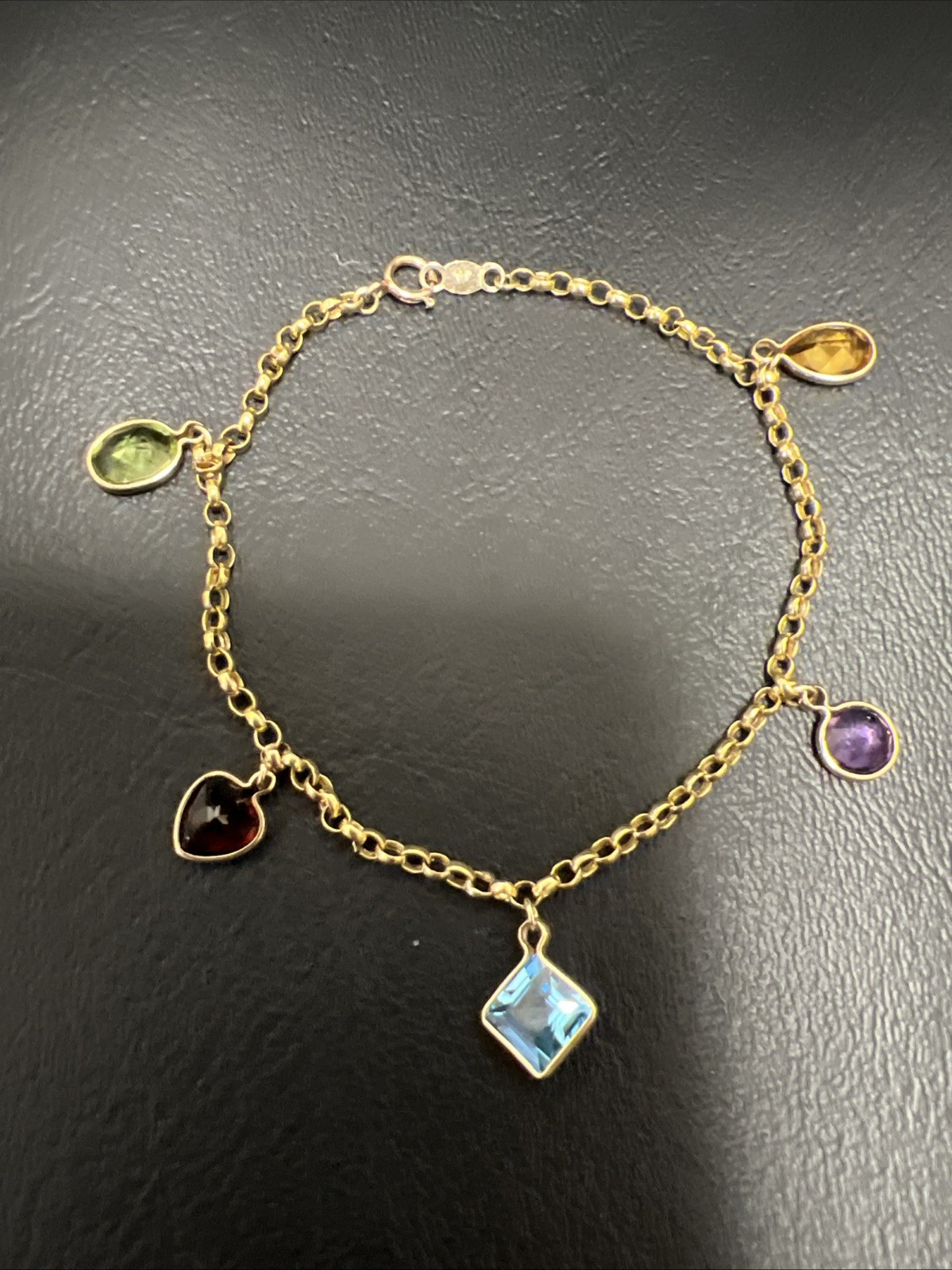 10k Yellow Gold Multicolor Gemstone Charm Bracelet 7”