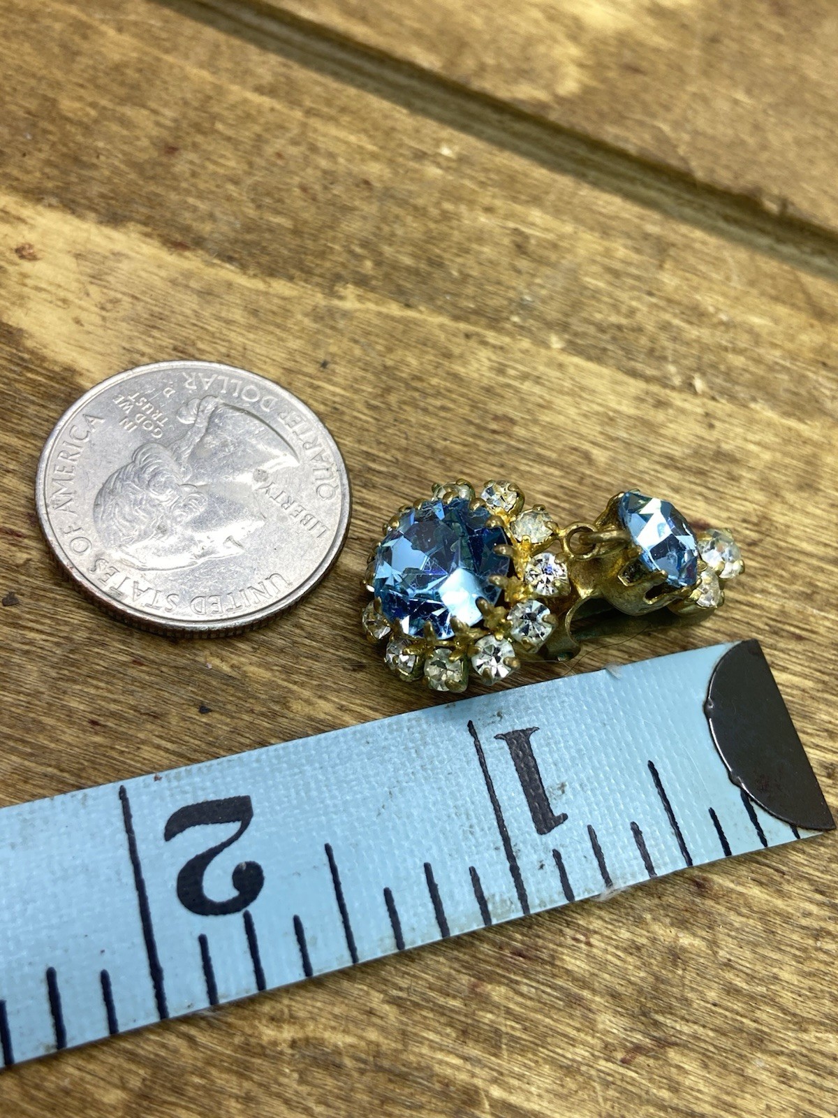 Vintage 1950s Blue & Clear Rhinestone Gold Tone Clip On Dangle Earrings 1.5”