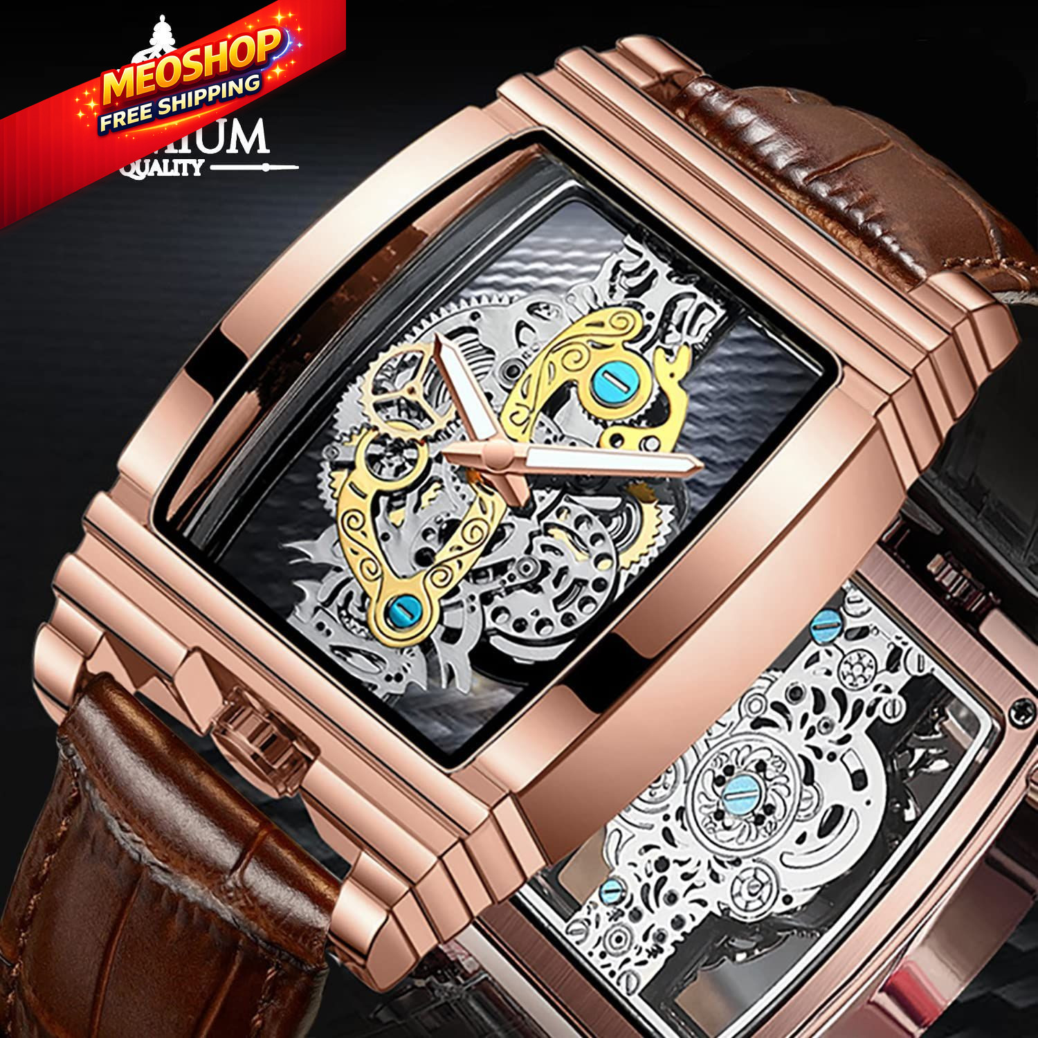 Men’s Luxury Hollow Skeleton Watch Retro Gorgeous Gear brown rose gold