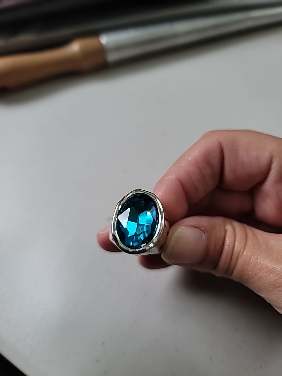 caribbean blue crystal oval silver ring uno style size 9