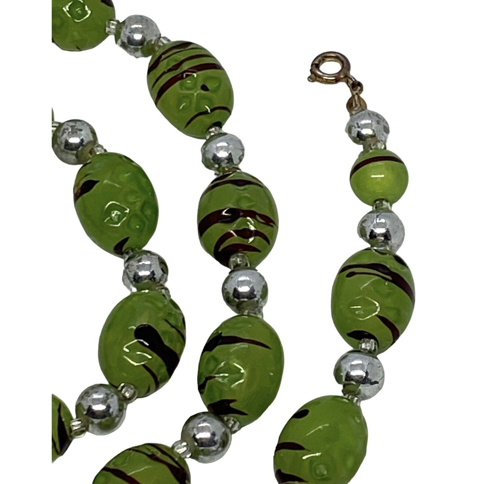 Fashion 33″ Strand String Necklace Green Black Silver Plastic Beads Swirl Design