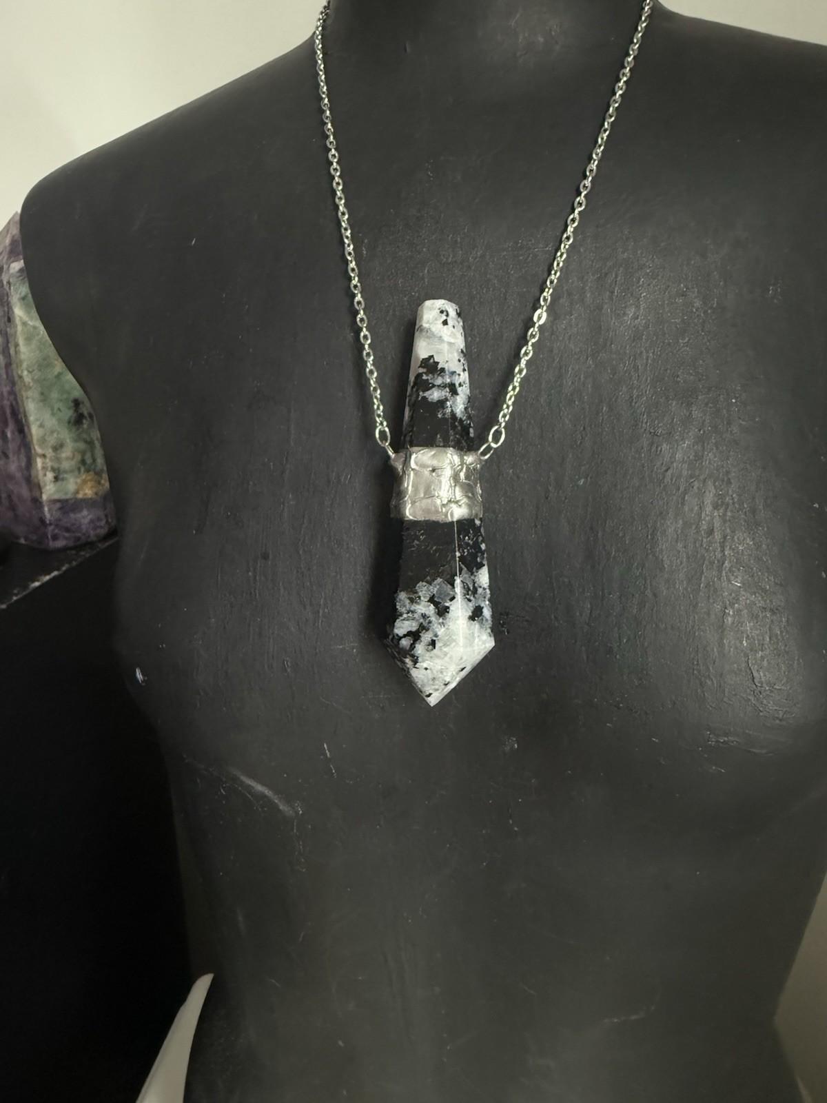 Moonstone black tourmaline crystal necklace pendant talisman statement jewelry