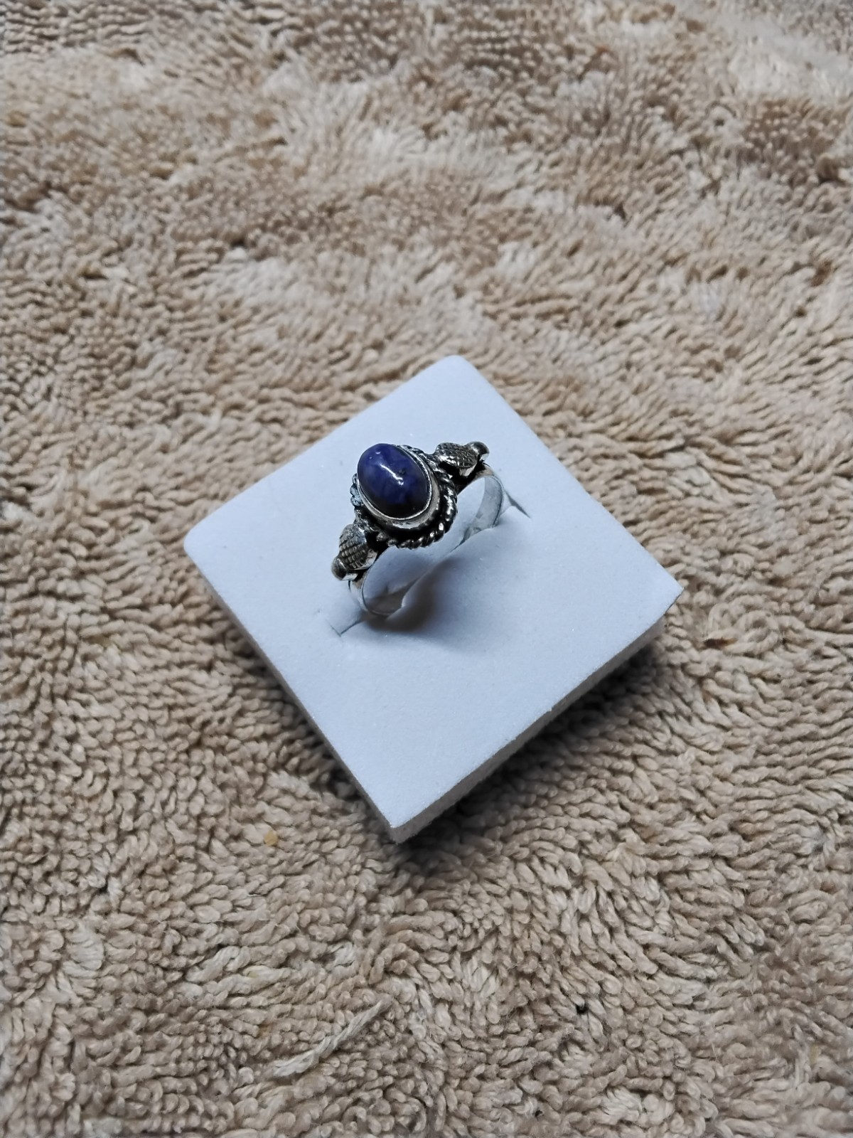 Dark Blue Lapis Ring. Set In Tarnish-Resistant Rhodium Plated Mount. Size 5.5.