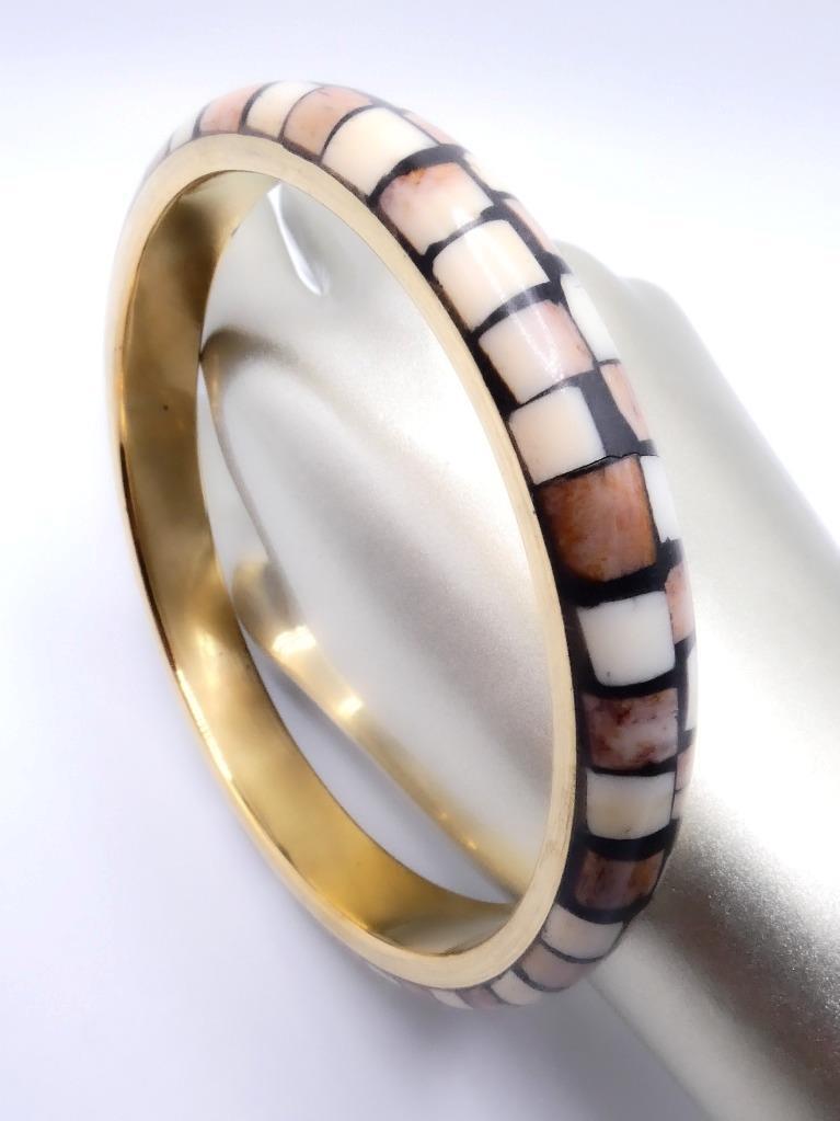 UNIQUE Gold Brass Brown Wood Resin Inlay 3″ Diameter PLUS SIZE Bangle Bracelet